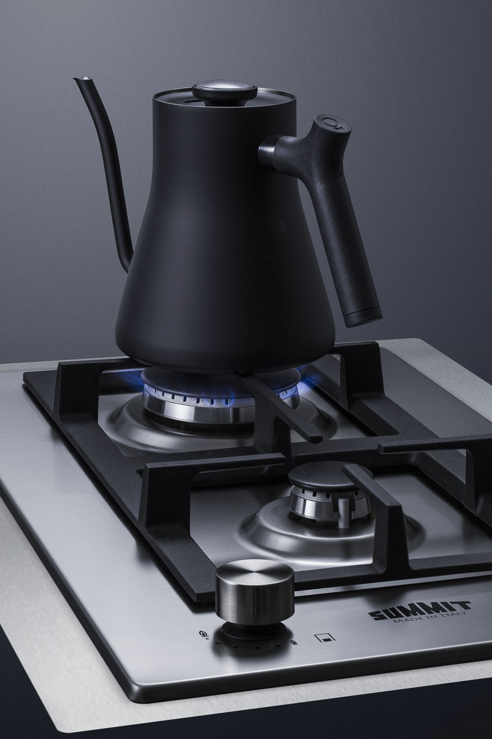 2-burner LP gas cooktop made in Italy with sealed burners, multiple heating outputs, 304 grade stainless steel surface, and stainless steel trim kit to cover 15